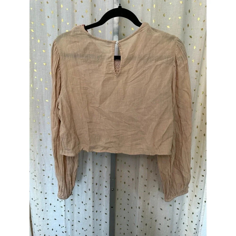 Zara Linen Blend Crochet Granny Square Patches Balloon Sleeves Blouse XS